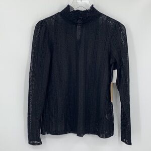 Halogen black lace blouse shirt top sheer smocked high neck long sleeve new S
